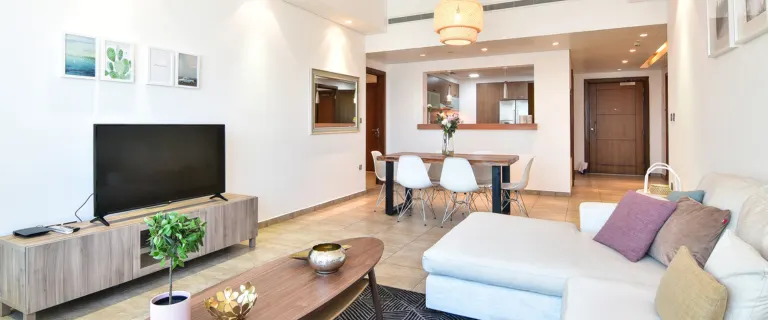 Modern furnished apartment interior with sofa, television, dining table, and neatly arranged living space.