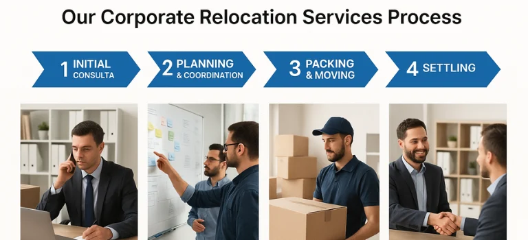 “Four step corporate relocation process with planning, packing, transport, and setup managed by Movers in Dubai efficiently.
