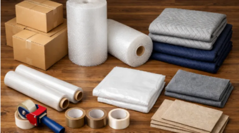 UAE Mover organized packing supplies including cardboard boxes, bubble wrap, stretch film, furniture blankets and protective padding materials display.