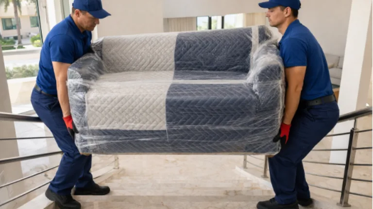 Two uniformed workers carefully carrying wrapped sofa up marble staircase using proper lifting technique inside residential villa interior.