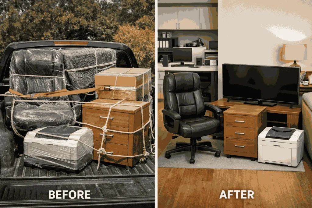 UAE Movers before and after relocation showing furniture secured in truck and professionally arranged inside new office space.