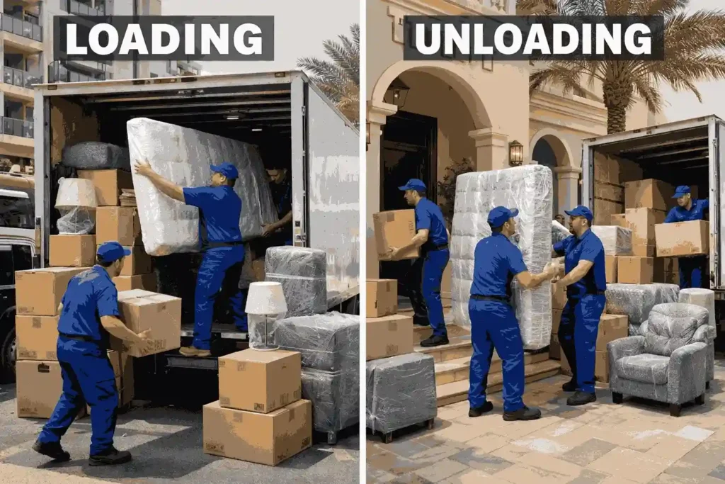 UAE Movers loading and unloading furniture safely with professional team during residential relocation in Dubai.