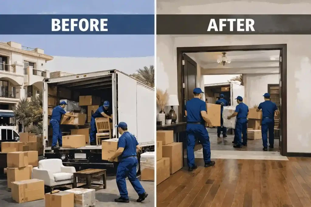UAE Movers before and after house move showing team loading truck and safely unloading boxes inside new home.