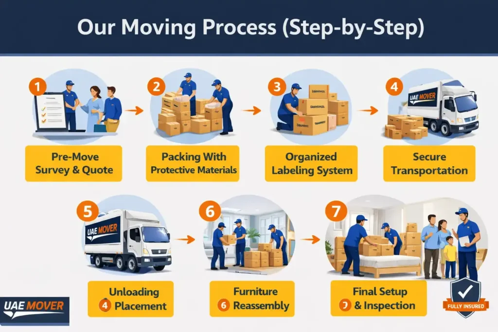 Movers in Al Barsha 1 Our process infographics showing step by step moving workflow by movers and packers in Al Barsha including packing, transportation, unloading, and final setup