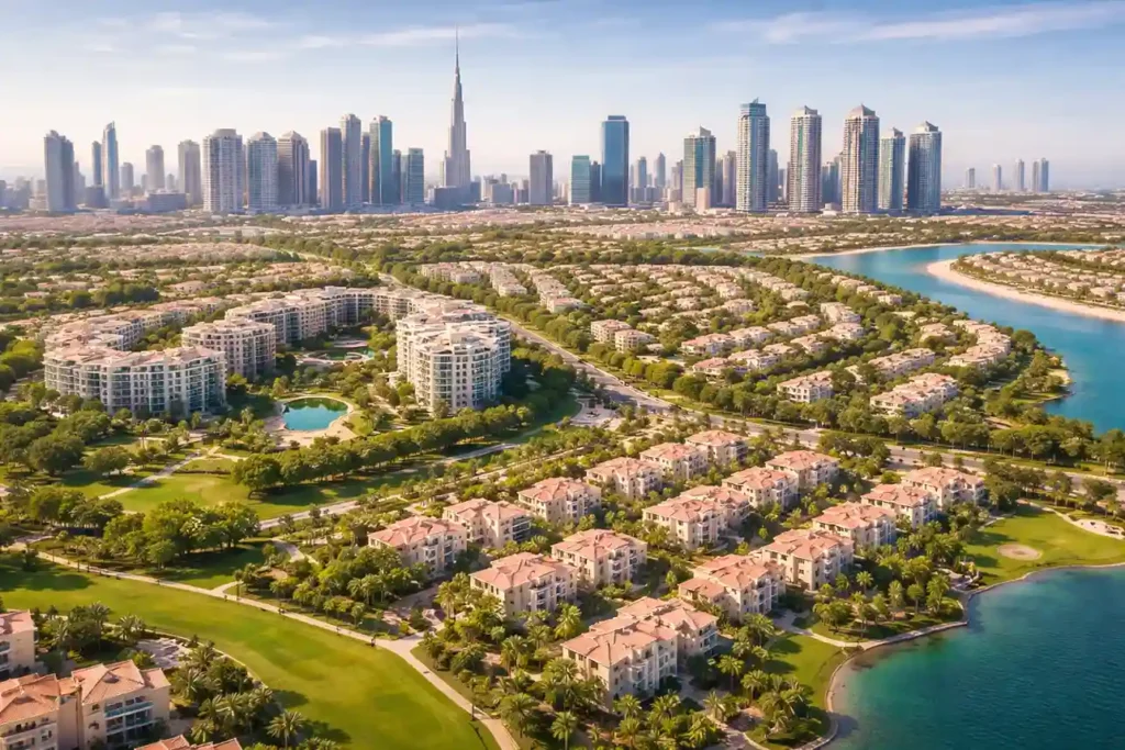 Aerial view of Dubai residential communities and skyline, reflecting service coverage areas of the best movers in Dubai.