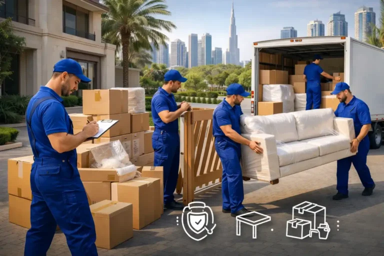 Professional movers loading furniture and boxes into a truck in Dubai with modern skyline in background
