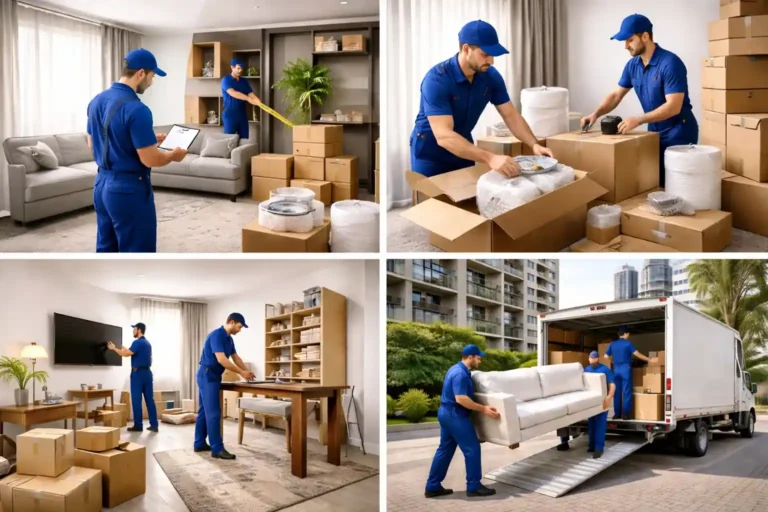 Professional relocation team packing, measuring, assembling furniture, and loading a sofa into a truck by UAE Movers