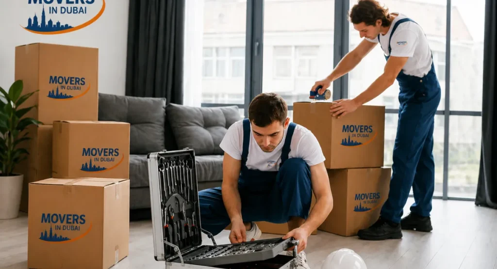  professional movers packing household items and preparing tools during a residential relocation
