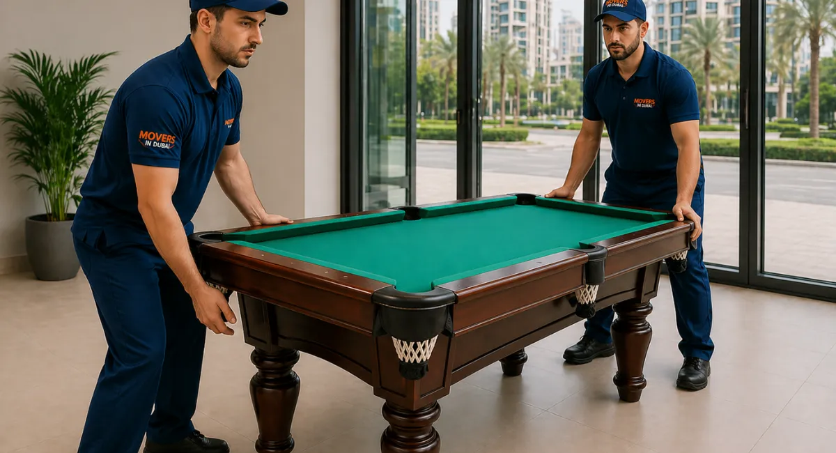 Professional billiards table with dark wood frame and green felt surface handled by Pool Table Movers in Dubai safely.