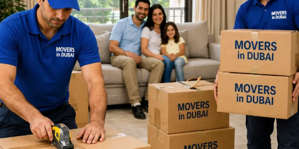 Movers in Dubai team calmly assisting a family during a planned villa relocation, with packed boxes and a stress free home environment.