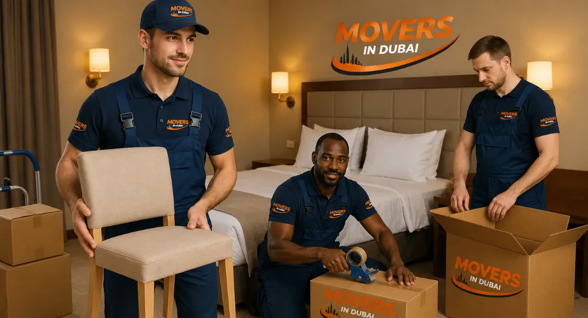Movers in Dubai packing furniture and boxes in hotel room with professional relocation and moving services