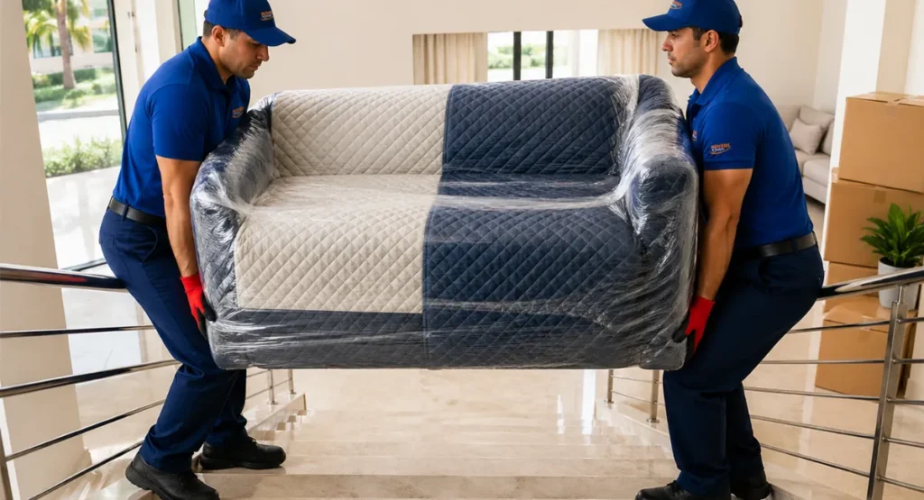 Two uniformed workers carefully carrying wrapped sofa up marble staircase using proper lifting technique inside residential villa interior.