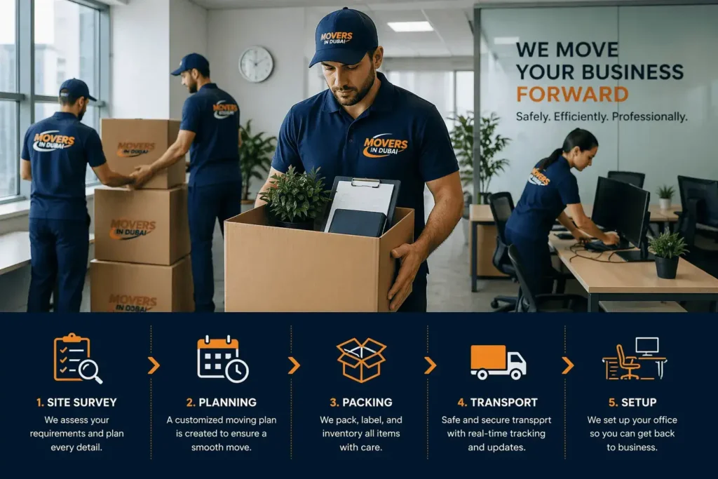 Professional office movers in Dubai handling corporate relocation with team packing, planning, transport, and office setup efficiently
