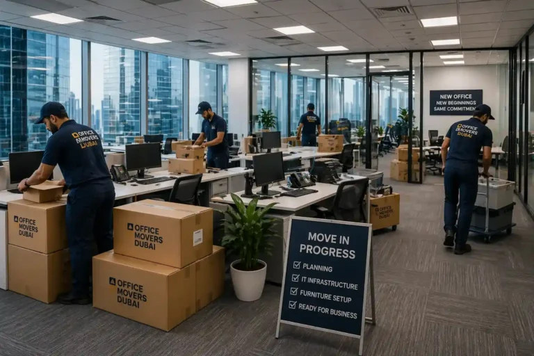 Professional team handling office relocation with packing and workstation setup services by Office Movers Dubai in modern workspace.