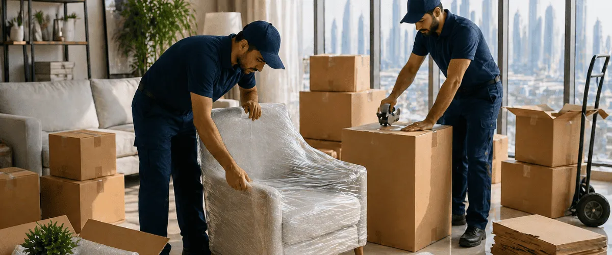 Professional furniture movers prepare items for relocation with careful handling and an organized packing process in a residential moving environment.