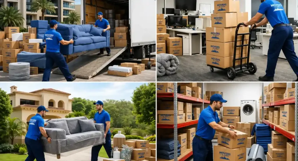 Movers and Packers in Dubai Silicon Oasis – Reliable Moving Services 1 Professional relocation team handling furniture, boxes, and storage items, representing movers and packers in Dubai Silicon Oasis services