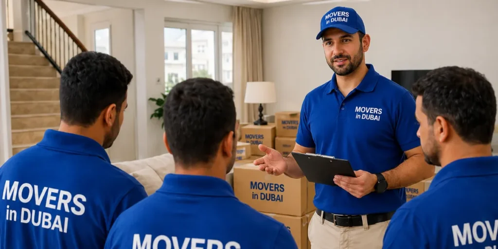 Moving supervisor coordinating tasks with the team inside a villa, reviewing layout and access points before starting the relocation.