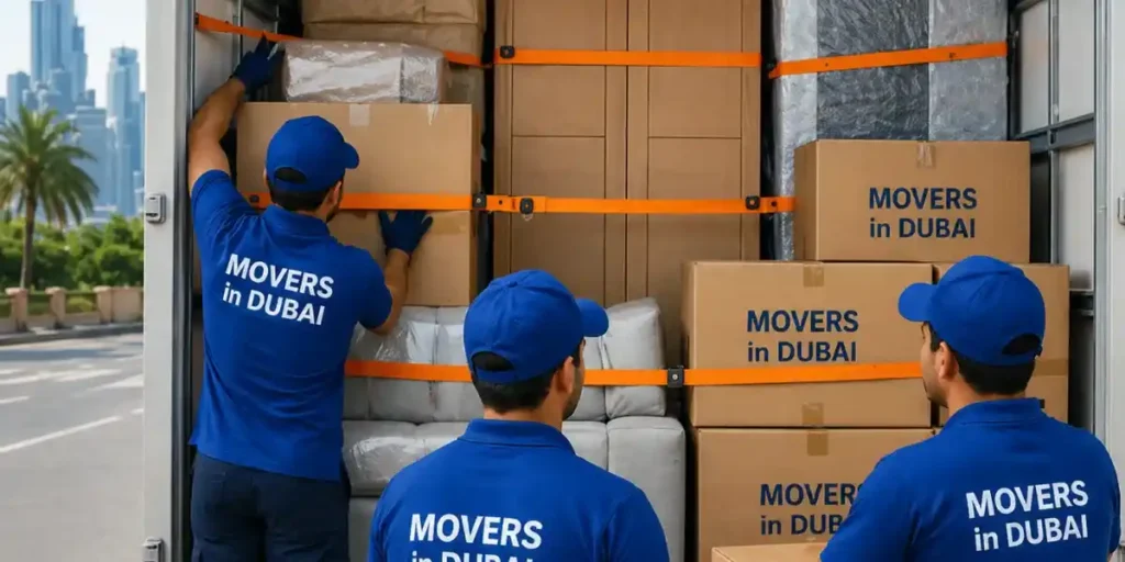 Padded household furniture securely loaded into a moving truck, arranged to prevent shifting during transportation across the city.
