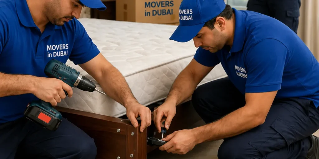  MOVERS in DUBAI specialists dismantling large bedroom furniture using proper tools, with fittings secured separately for safe reassembly.