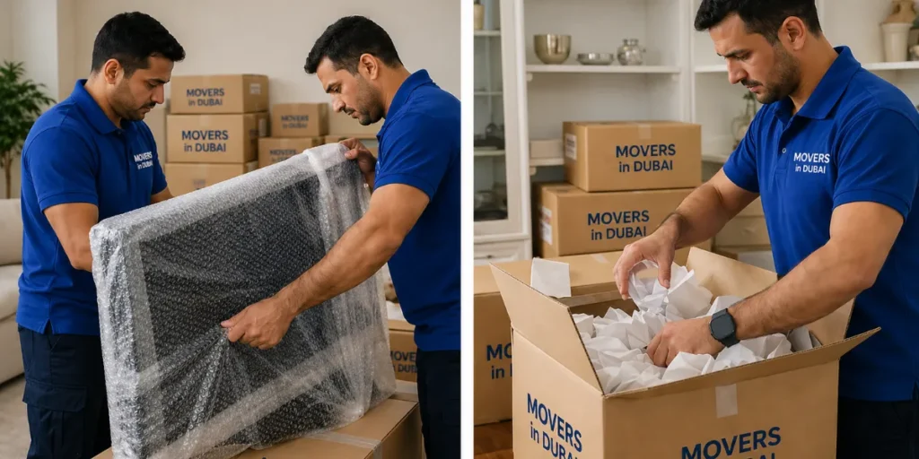 Room by room packing process completed by villa movers and packers in Dubai, keeping household items organized and clearly labeled.