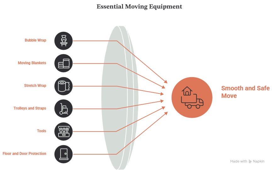 Infographic of professional moving equipment used by movers and packers in JVC during relocations