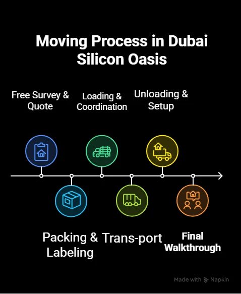 Movers and Packers in Dubai Silicon Oasis moving process infographic from free survey to final walkthrough