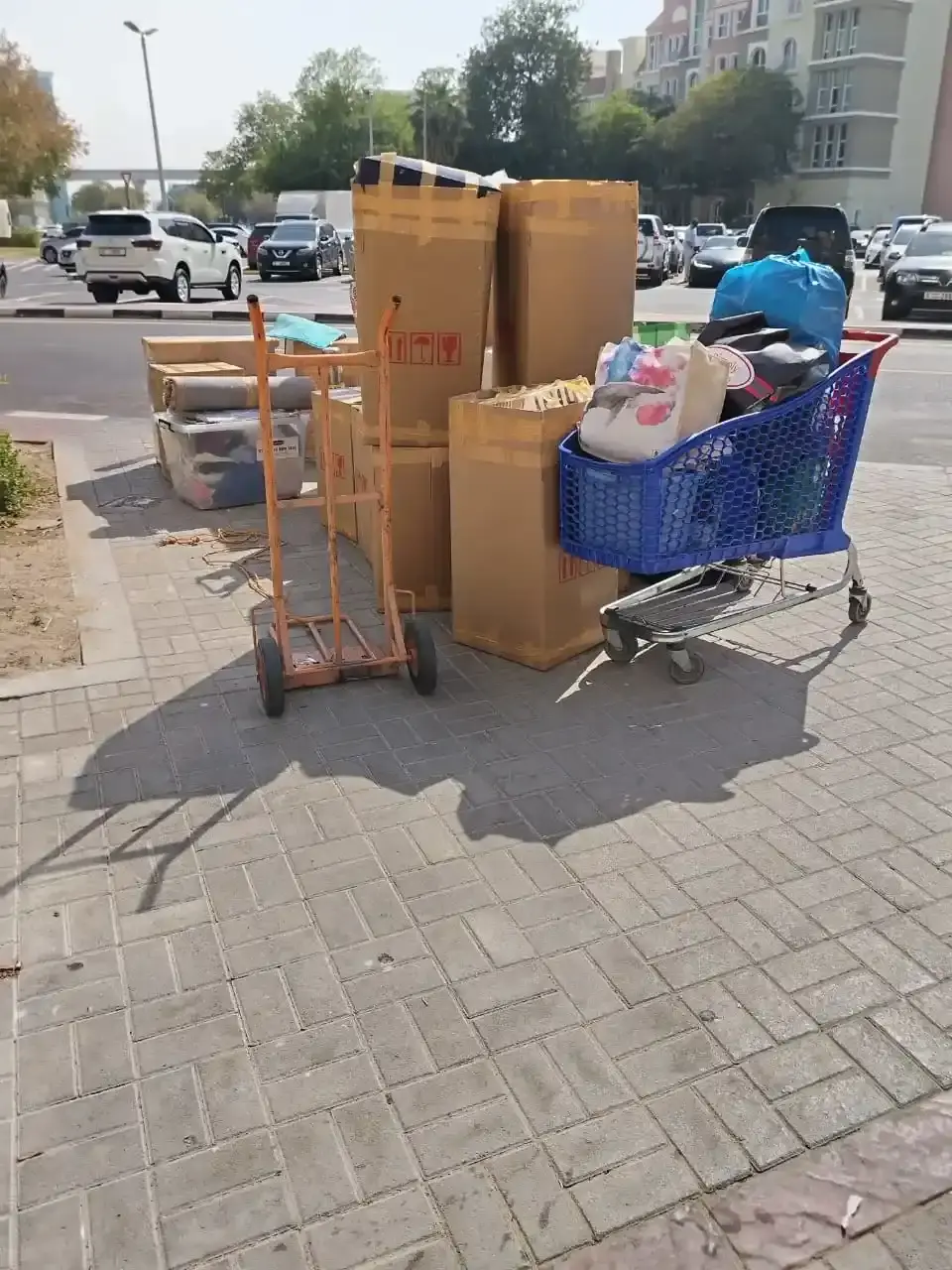 Movers and Packers in Dubai Silicon Oasis using heavy duty trolley and professional packing equipment during a residential move